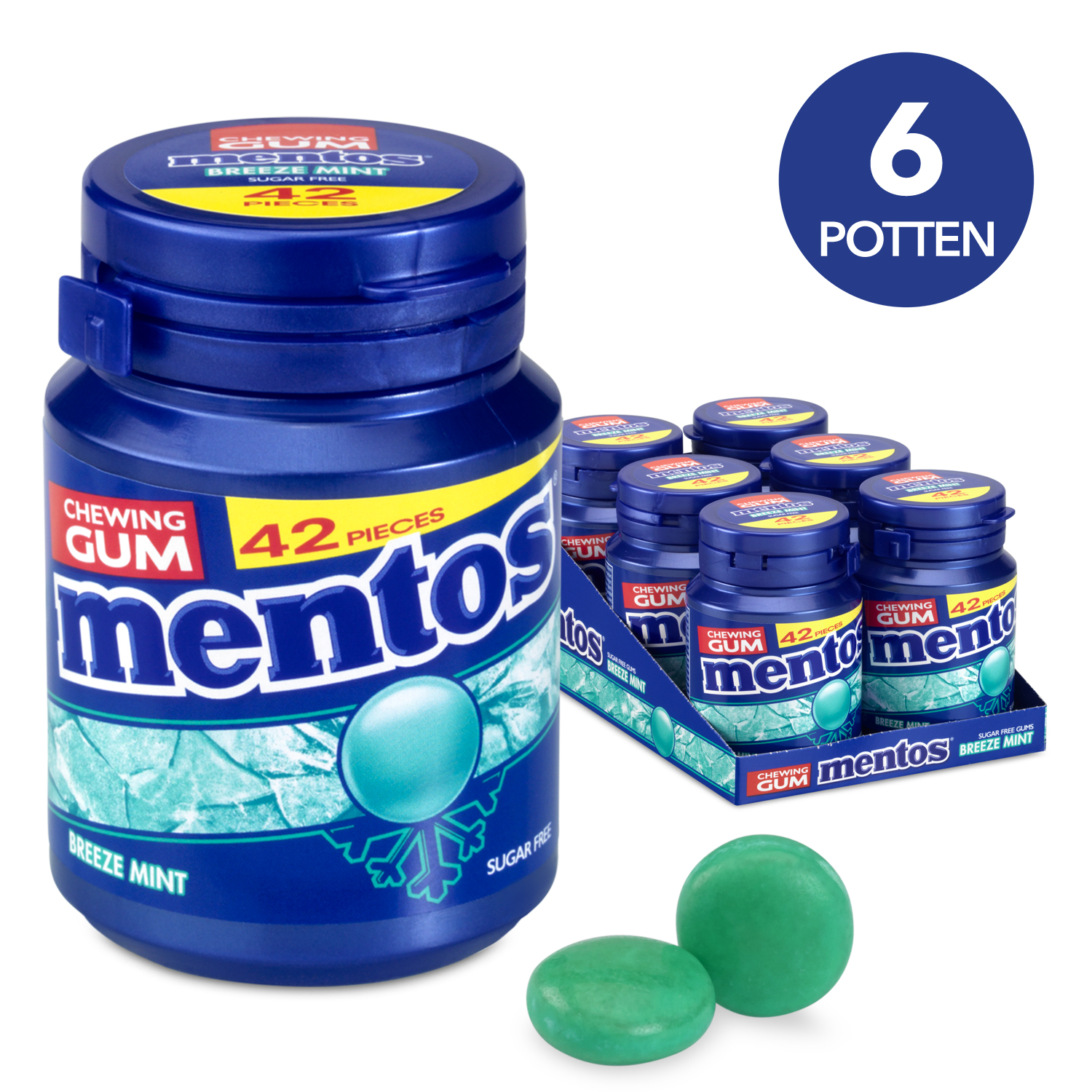 Mentos Chewing Gum, Mentos Gum Breezemint Bottle (42 Pieces per Bottle), Pack of 6