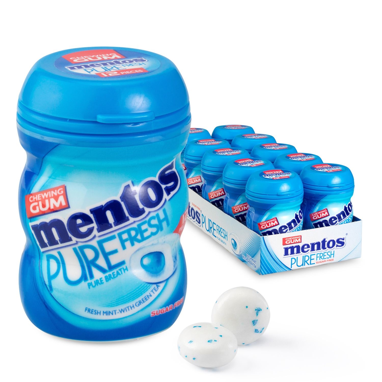 Mentos Chewing Gum, Mentos Gum Purefresh Freshmint Small Jars, Pack of 10, Mentos Sugar Free Gum, 8 Oz