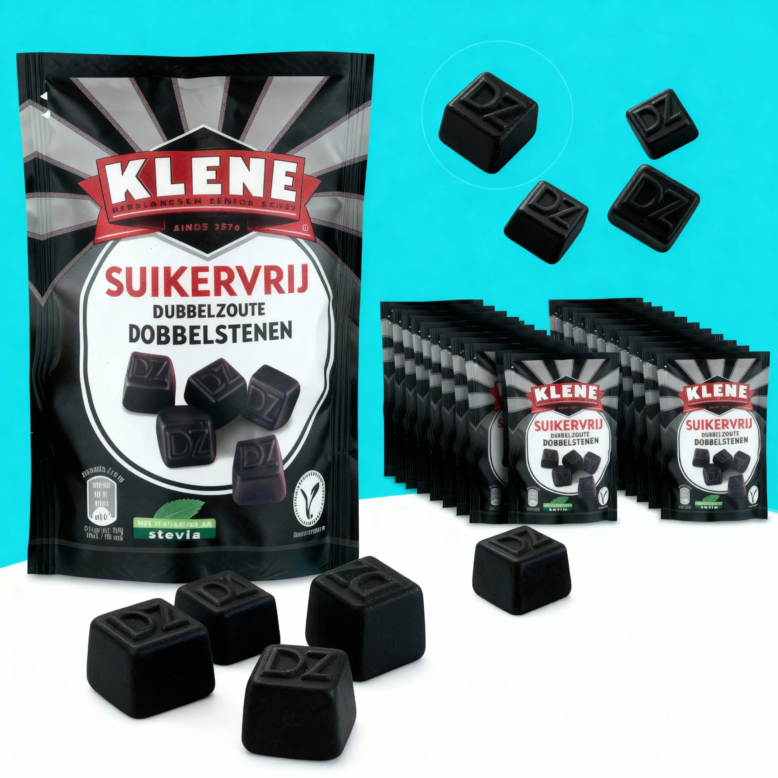 Klene Licorice | Double Salted Dice Bag | Pack of 12 | Dutch Licorice | Sugarfree Licorice | 46 Oz | 1320 Gr