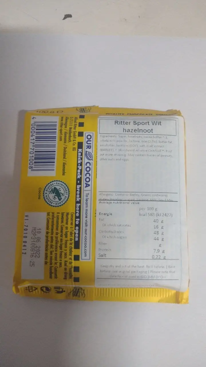 Barra de chocolate branco | Ritter Sport | Avelã inteira branca | Peso total 100 gramas - Image 3