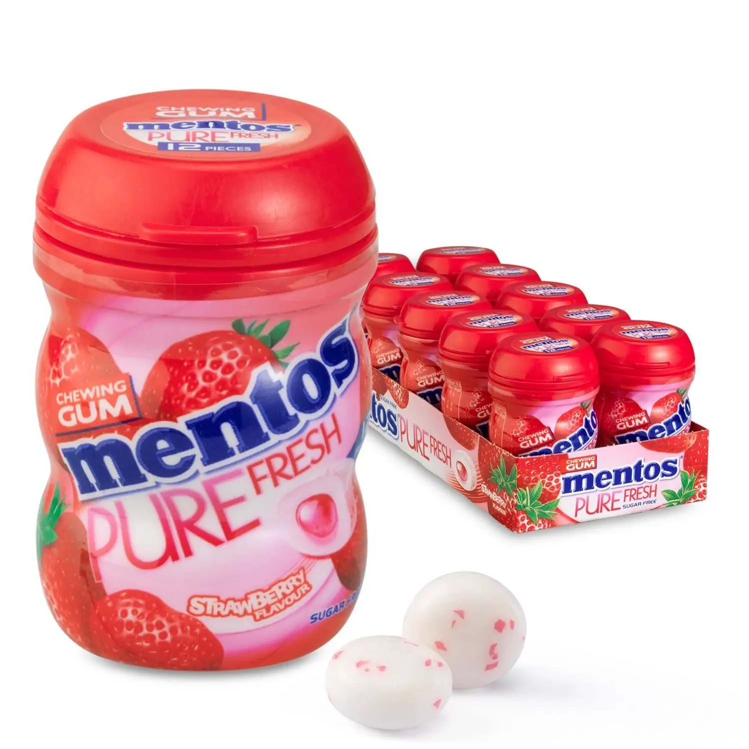 Mentos Chewing Gum | Mentos Gum Purefresh Strawberry Small Jars | Pack of 10 | Mentos Sugar Free Gum | 8 Oz | 240 Gr