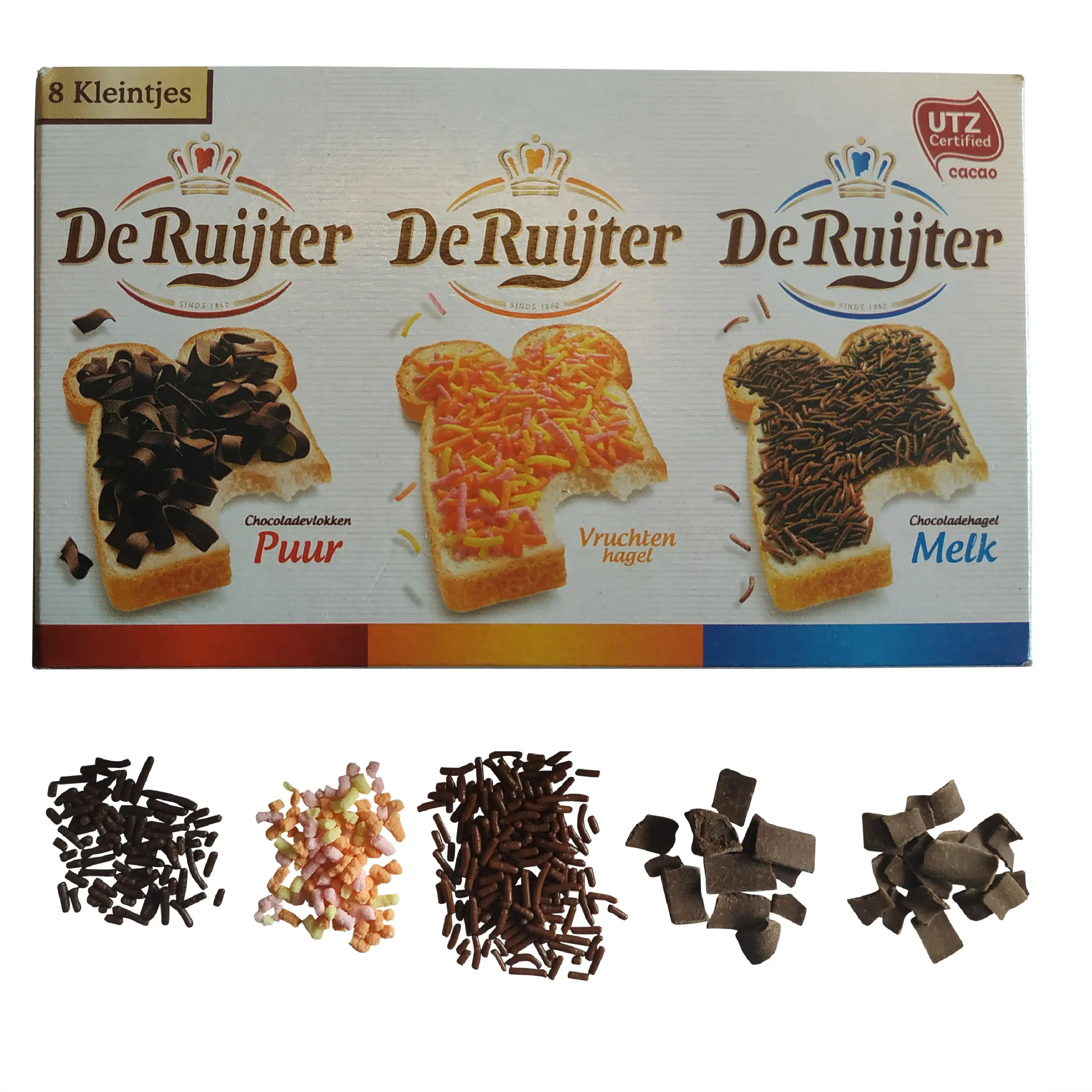 Hagelslag De Ruijter Mistura de 8 pacotes pequenos de granulados | Granulados de chocolate holandeses e muito mais | Mistura de granulados de chocolate De Ruijter, flocos de chocolate e granulados de frutas | 4,93 onças no total