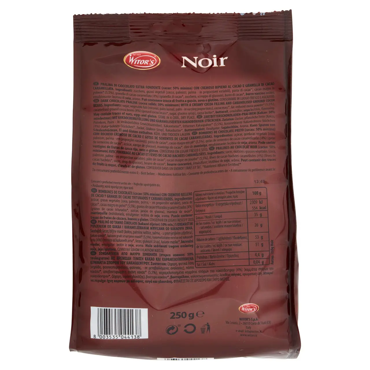 Witors Chocolate | Witor'S Noir Dark Chocolate With Cocoa Cream & Cocoa Nibs | Witor'S | Italian Chocolate From Italy | 8,8 Ounce Total - Image 6