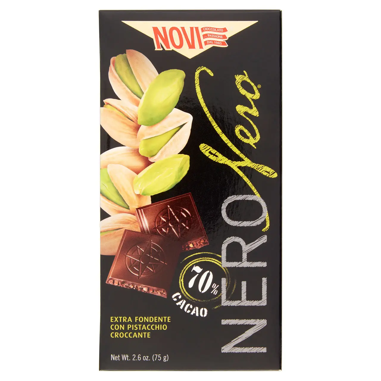 Novi Chocolate | Novi Nero Black With Pistachio Crunch 70% Coco | Novi Italian Chocolate | Novi Cioccolata | 2,6 Ounce Total