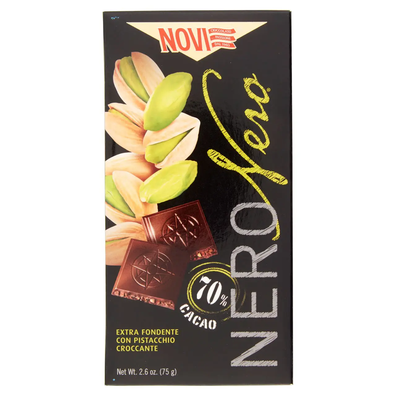 Novi Chocolate | Novi Nero Black With Pistachio Crunch 70% Coco | Novi Italian Chocolate | Novi Cioccolata | 2,6 Ounce Total - Image 2