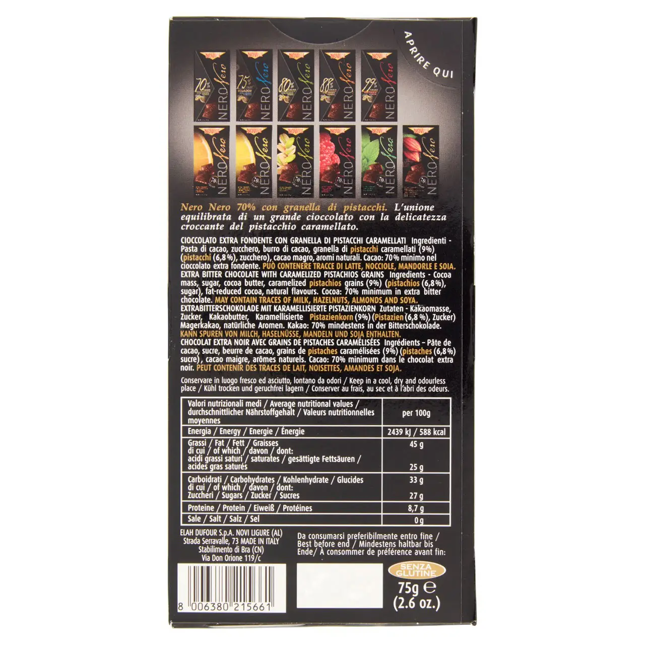 Novi Chocolate | Novi Nero Black With Pistachio Crunch 70% Coco | Novi Italian Chocolate | Novi Cioccolata | 2,6 Ounce Total - Image 4