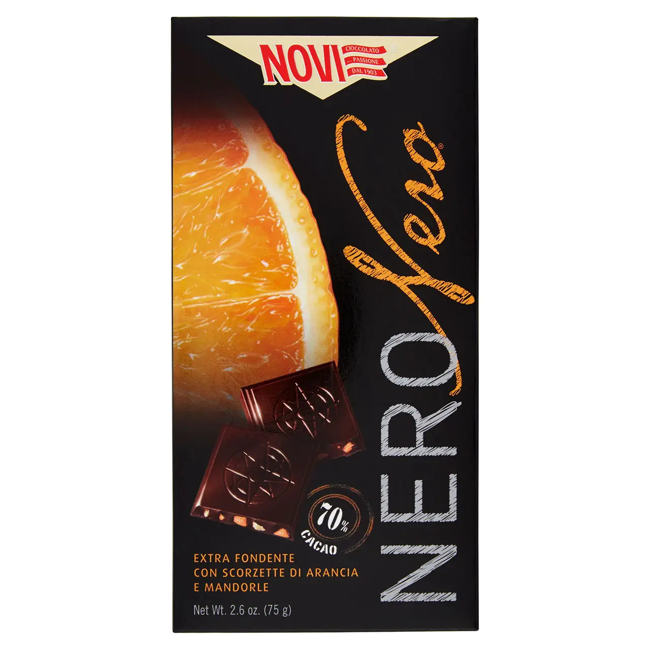 Novi Chocolate | Novi Nero Black With Orange & Almonds 70% Cocoa Bea | Novi Italian Chocolate | Novi Cioccolata | 2,6 Ounce Total