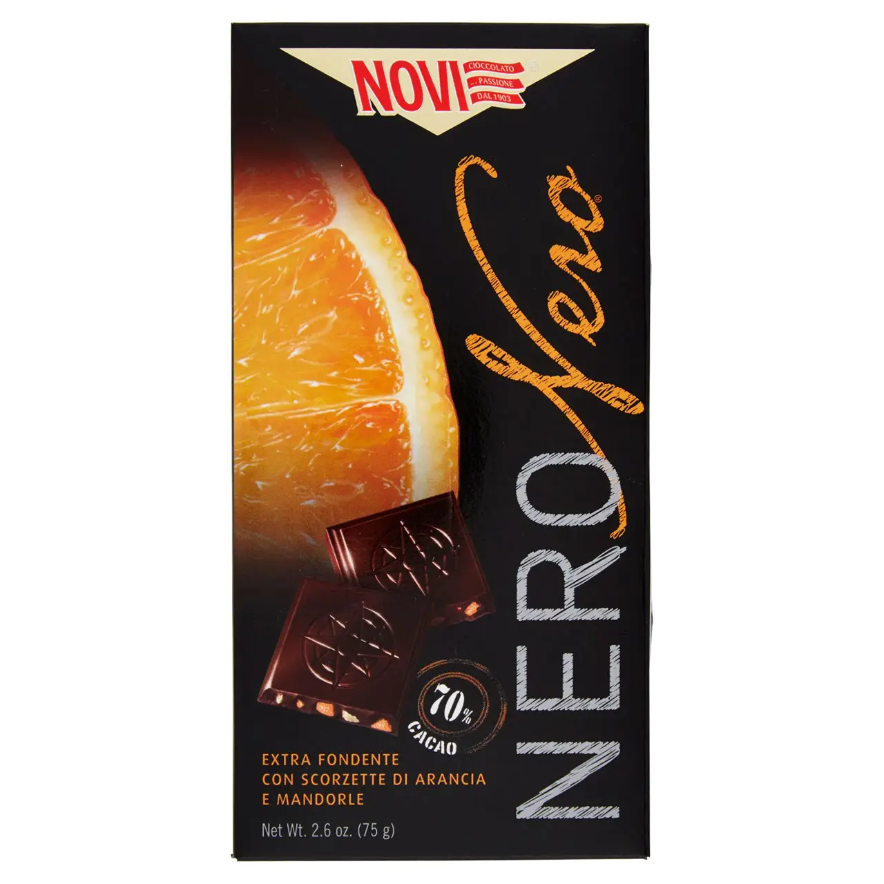 Novi Chocolate | Novi Nero Black With Orange & Almonds 70% Cocoa Bea | Novi Italian Chocolate | Novi Cioccolata | 2,6 Ounce Total - Image 2