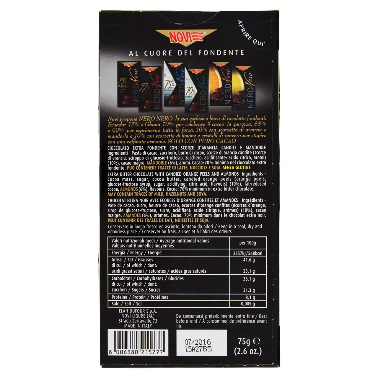 Novi Chocolate | Novi Nero Black With Orange & Almonds 70% Cocoa Bea | Novi Italian Chocolate | Novi Cioccolata | 2,6 Ounce Total - Image 6