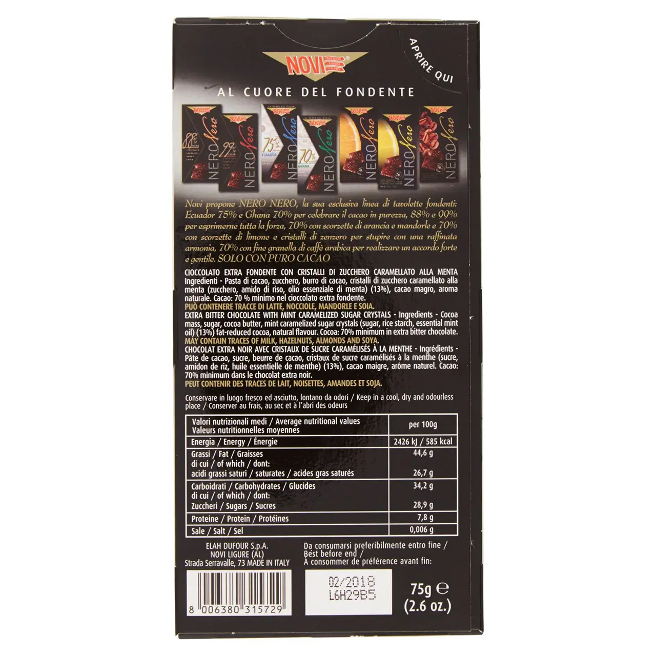 Novi Chocolate | Novi Nero Black With Crystals Mint 70% Coco | Novi Italian Chocolate | Novi Cioccolata | 2,6 Ounce Total - Image 5