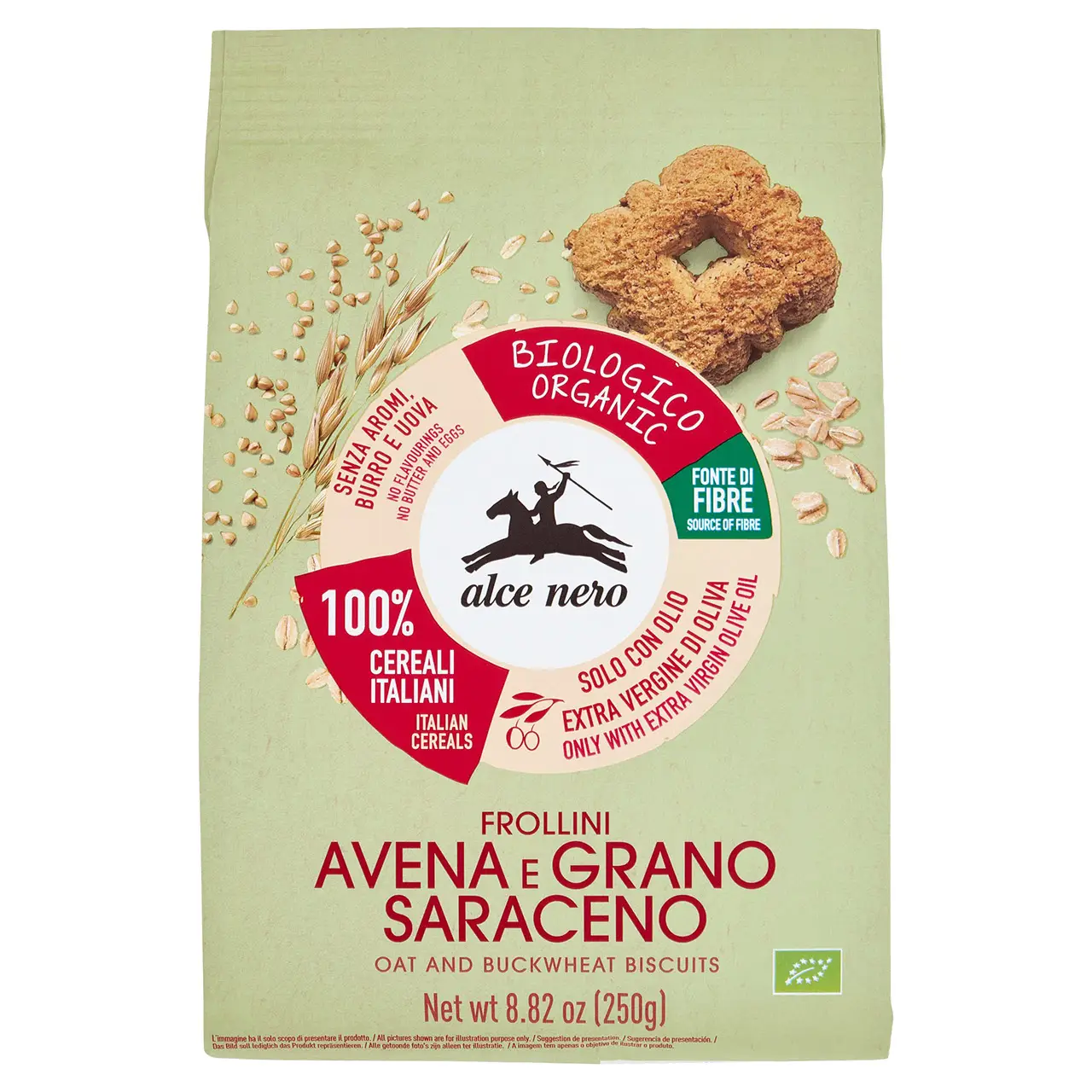 Alce Nero Cookies | Frollini Oats & Buckwheat | Alce Nero Biscuits | Alce Nero Snacks | 8,8 Ounce Total