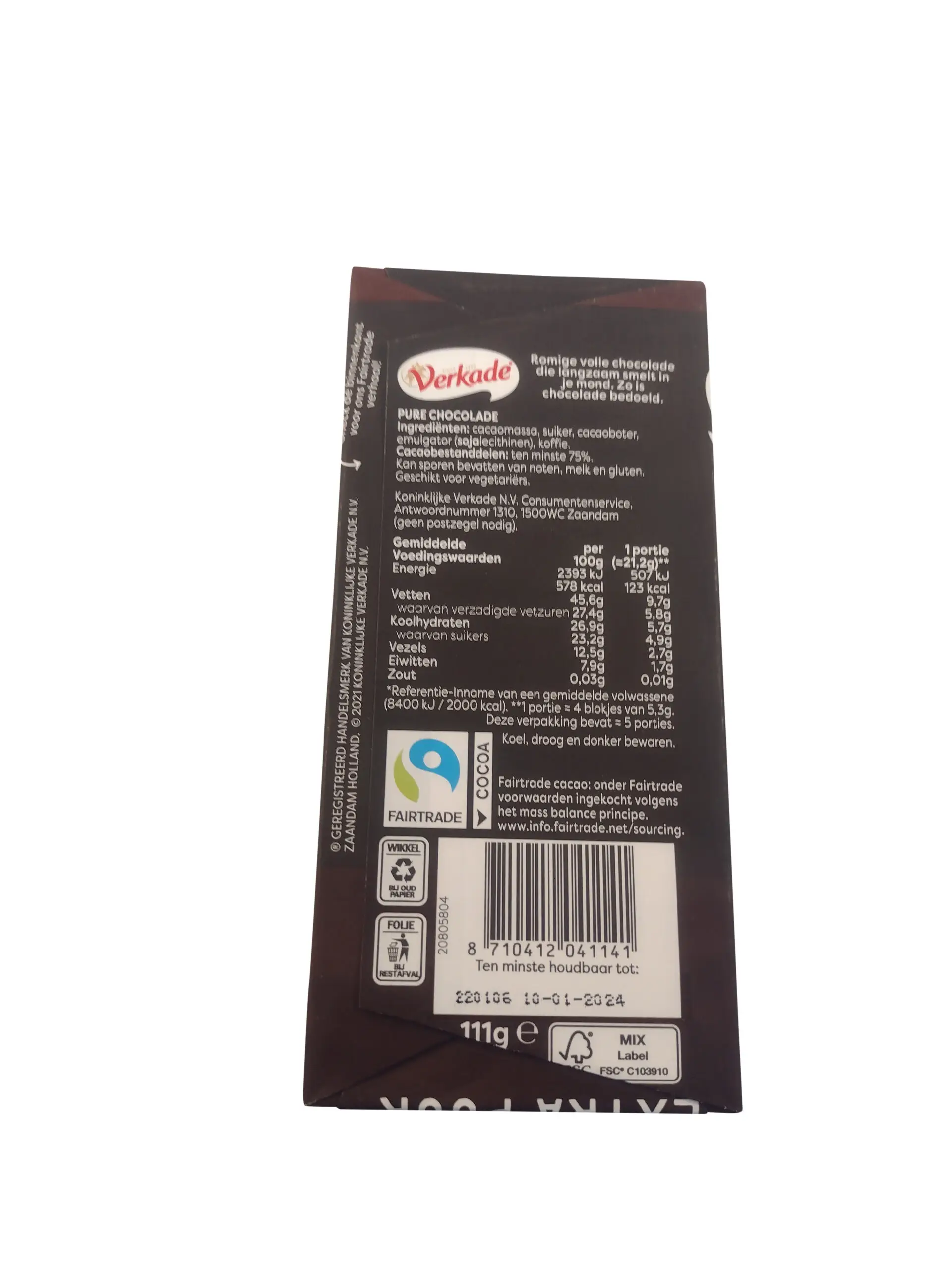 Barra de chocolate Verkade | Barra de chocolate extra escuro | Chocolate holandês | Chocolate holandês Verkade | 3,9 onças no total - Image 2