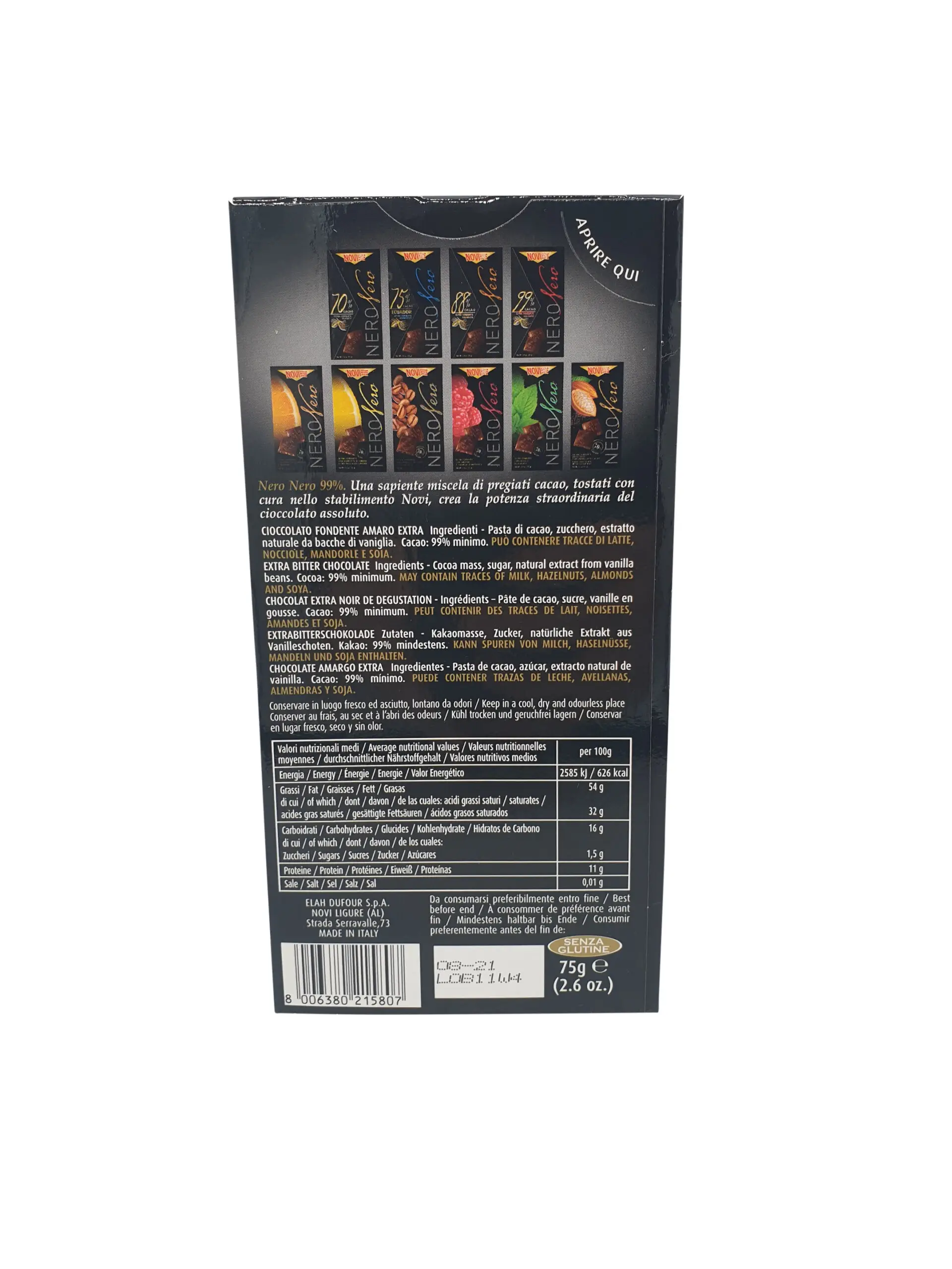 Novi Chocolate | Italian Chocolate | Novi, Nero Nero 99% Cacao Extra Fondente Assoluto 75 G | Novi  | 2.64 Ounce Total Weight - Image 2