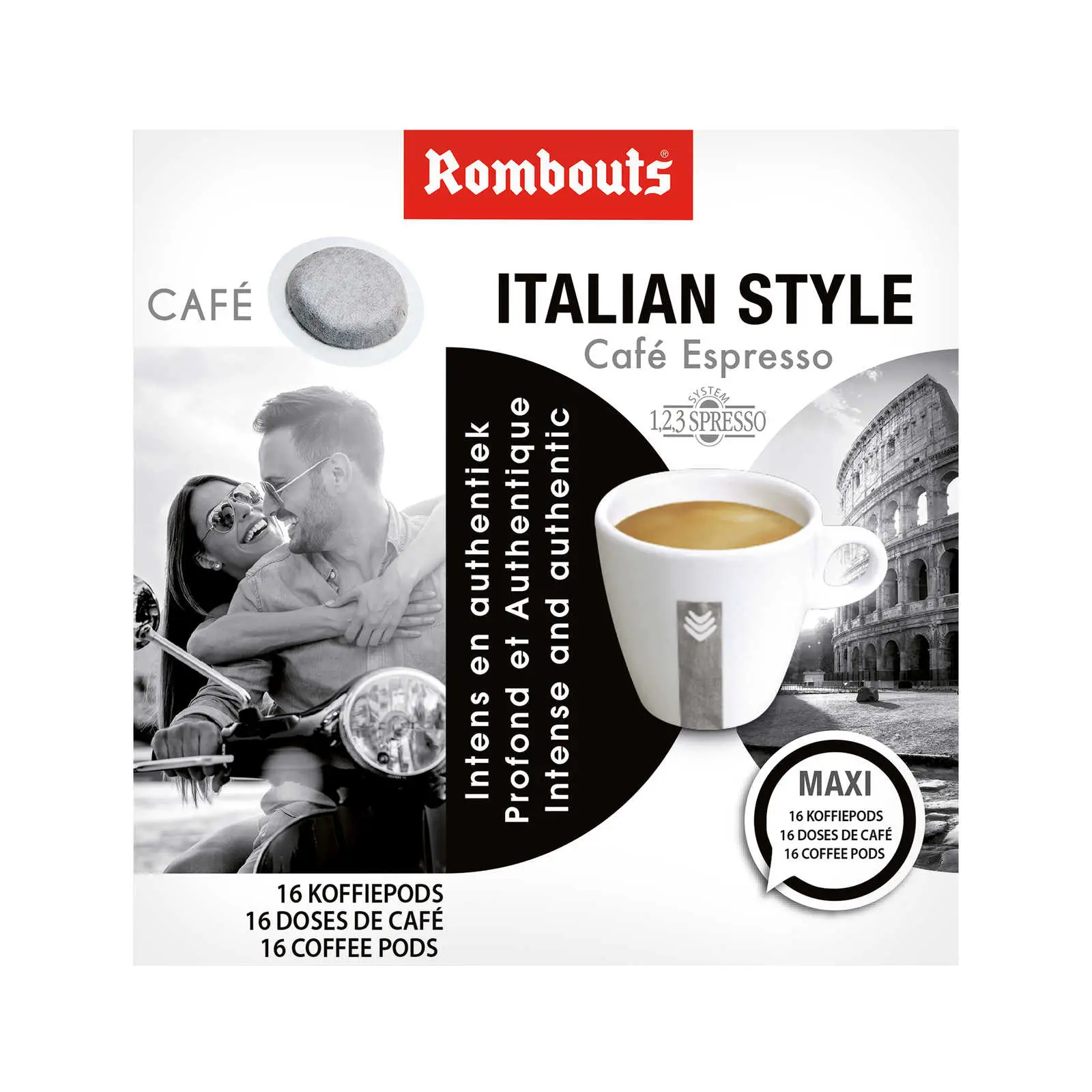 Café Rombouts | Café à l'italienne 16 dosettes de café 4X4 pièces | Café Rombouts filtre | Café belge | 3,3 onces au total
