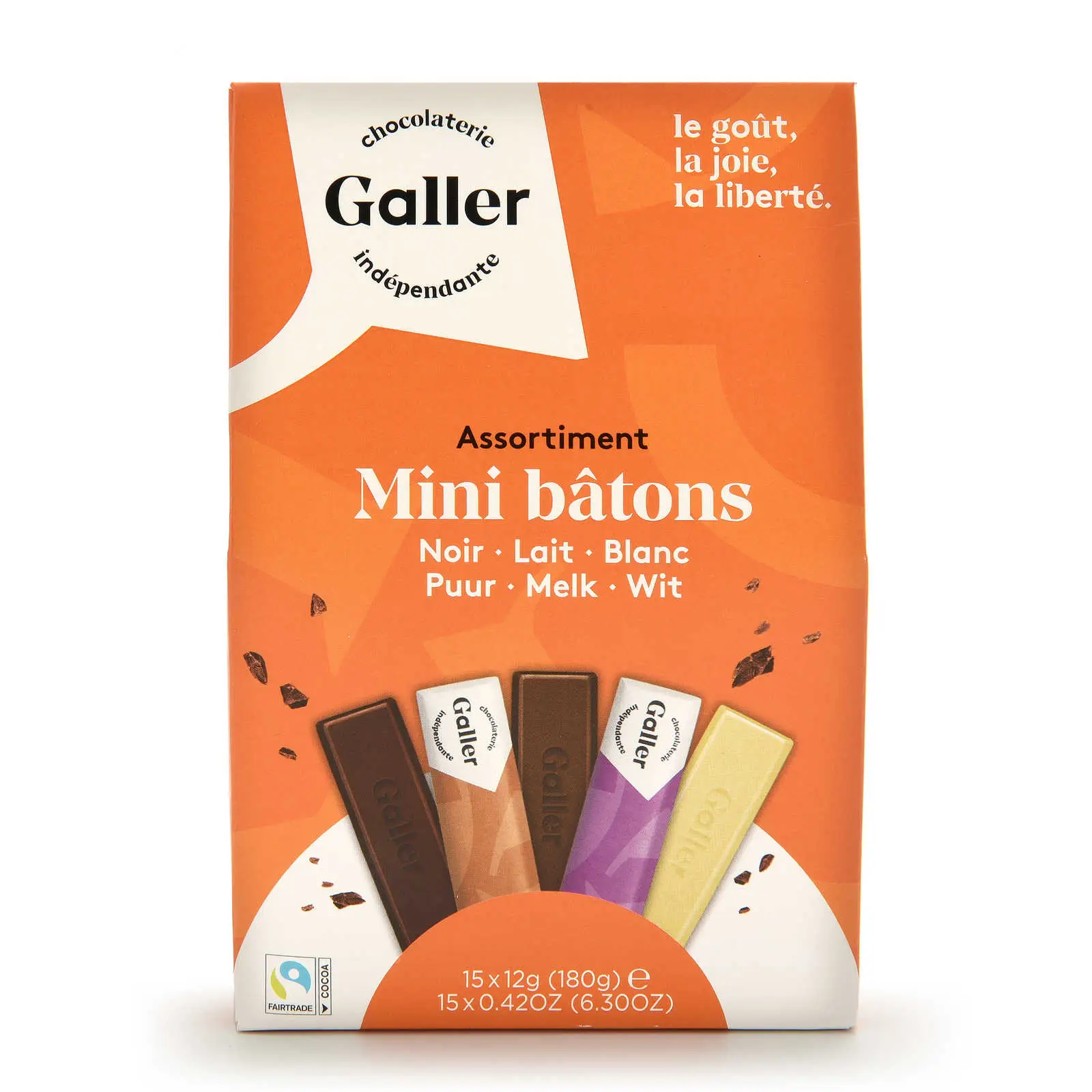 Chocolate Galler Bélgica | Mini Bâtons sortidos escuros, leite e branco, 15 unidades | Galler Chocolatier | Chocolate belga | 6,3 onças no total