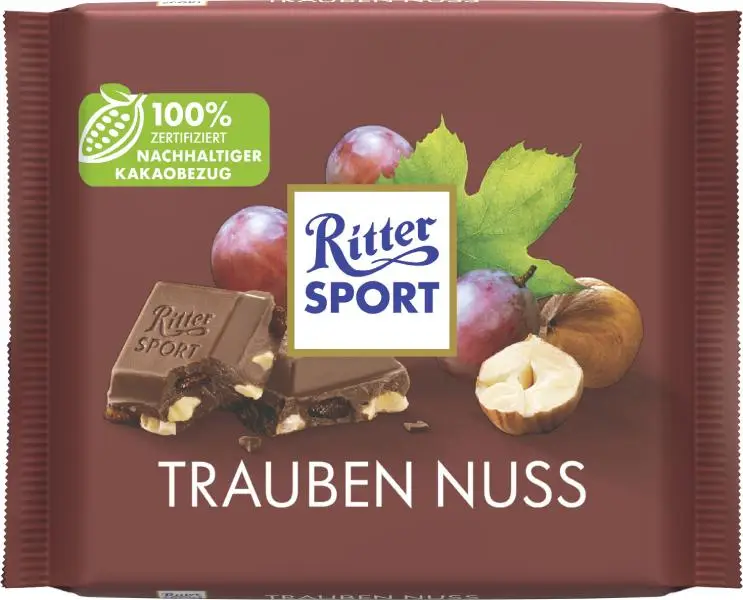 Chocolate Ritter Sport | Ritter Sport com nozes e uvas | Chocolate Ritter | Barras de chocolate alemãs | 3,5 onças no total