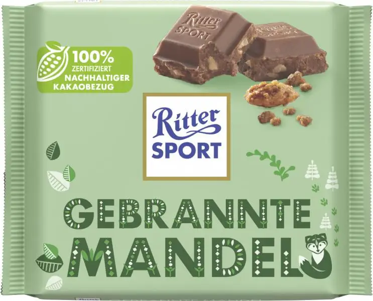 Chocolate Ritter Sport | Amêndoa torrada Ritter Sport | Chocolate Ritter | Barras de chocolate alemãs | 3,5 onças no total