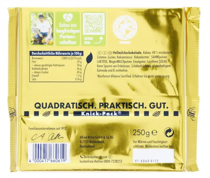 Chocolate Ritter Sport | Ritter Sport Gold Treasure Leite Inteiro 40% | Chocolate Ritter | Barras de Chocolate Alemãs | 8,8 onças no total - Image 2