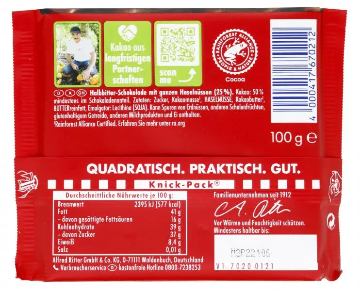 Chocolate Ritter Sport | Ritter Sport com nozes inteiras | Chocolate Ritter | Barras de chocolate alemãs | 3,5 onças no total - Image 2