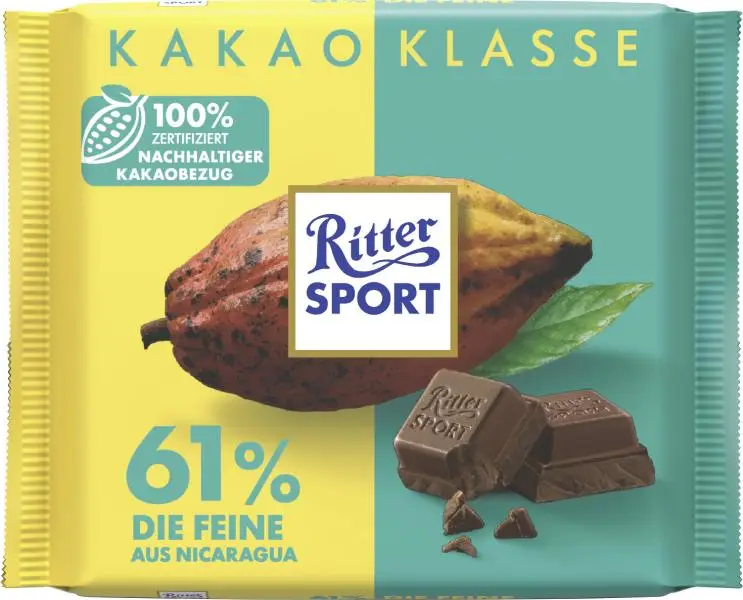 Chocolate Ritter Sport | Chocolate Ritter Sport Cocoa Class 61% Fine da Nicarágua | Chocolate Ritter | Barras de chocolate alemãs | 3,5 onças no total