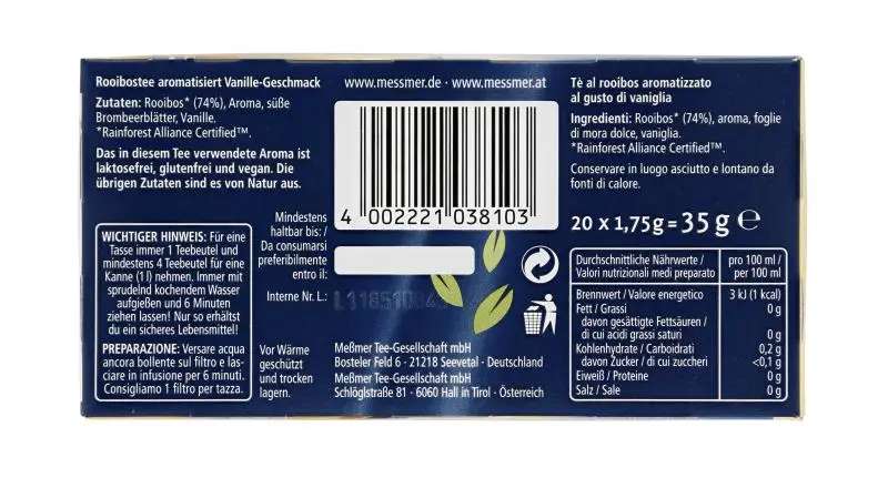 Chá Messmer Alemanha | Chá Meßmer Rooibos Sul-Africano com Baunilha | Messmer Tee | Chá da Alemanha | 1,4 onças no total - Image 3