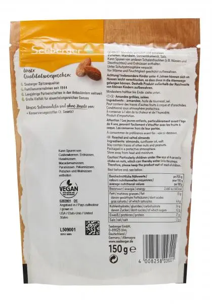 Nozes Seeberger | Amêndoas salgadas torradas | Alimentos Seeberger | Nozes alemãs | 5,2 onças no total - Image 2