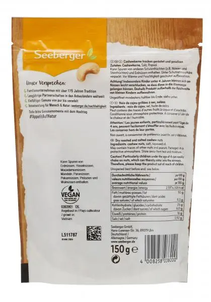 Nozes Seeberger | Castanhas de caju torradas e salgadas Seeberger | Alimentos Seeberger | Nozes alemãs | 5,2 onças no total - Image 2