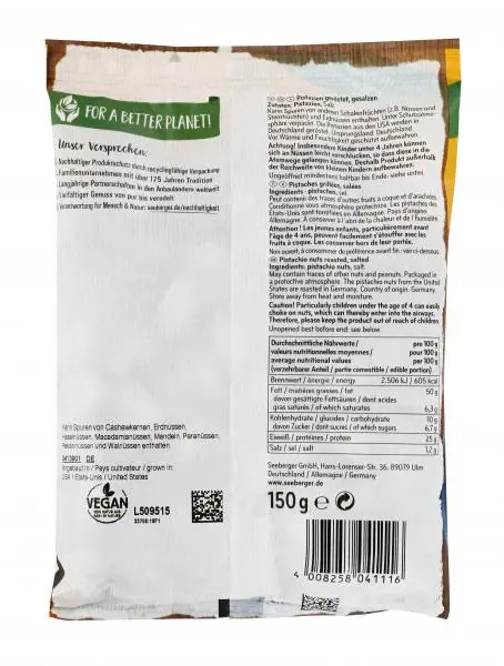 Nozes Seeberger | Pistácios da Califórnia Seeberger torrados e salgados | Alimentos Seeberger | Nozes alemãs | 5,2 onças no total - Image 2