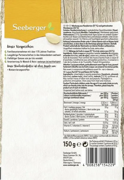 Nozes Seeberger | Mistura de frutos secos Seeberger | Alimentos Seeberger | Nozes alemãs | 5,2 onças no total - Image 2