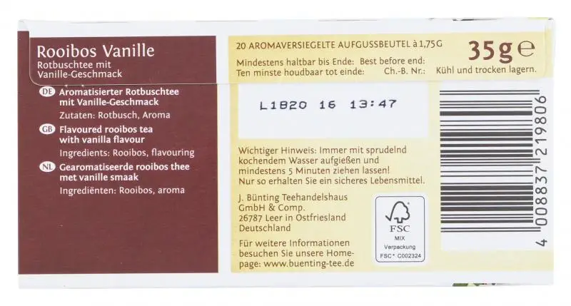 Chá Bünting | Chá Bünting Rooibos Baunilha | Chá Bünting | Chá alemão | 1,2 onças no total - Image 3