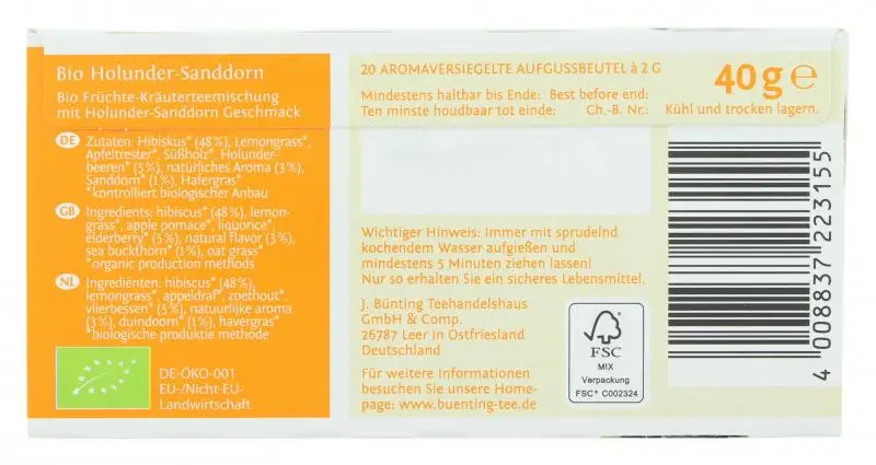 Bünting Tee | Bünting Tee Bio Holunder Sanddorn | Bünting Tee | Deutscher Tee | Insgesamt 1,4 Unzen – Bild 2