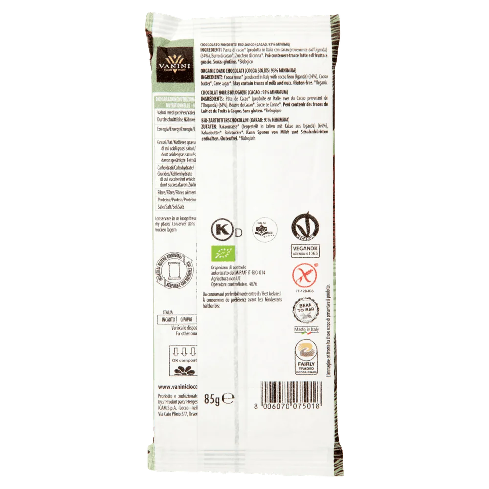 Chocolate Vanini | Tabuleiro de Chocolate Bio Bio Vanini 93% | Chocolate Italiano Vanini | Vanini Itália | 2,9 onças no total - Image 3